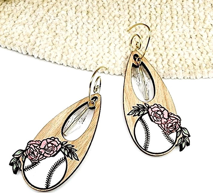 Oval Pink floral baseball earrings