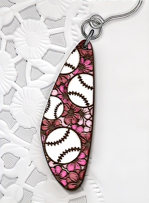 Pink floral baseball pattern dangle earrings