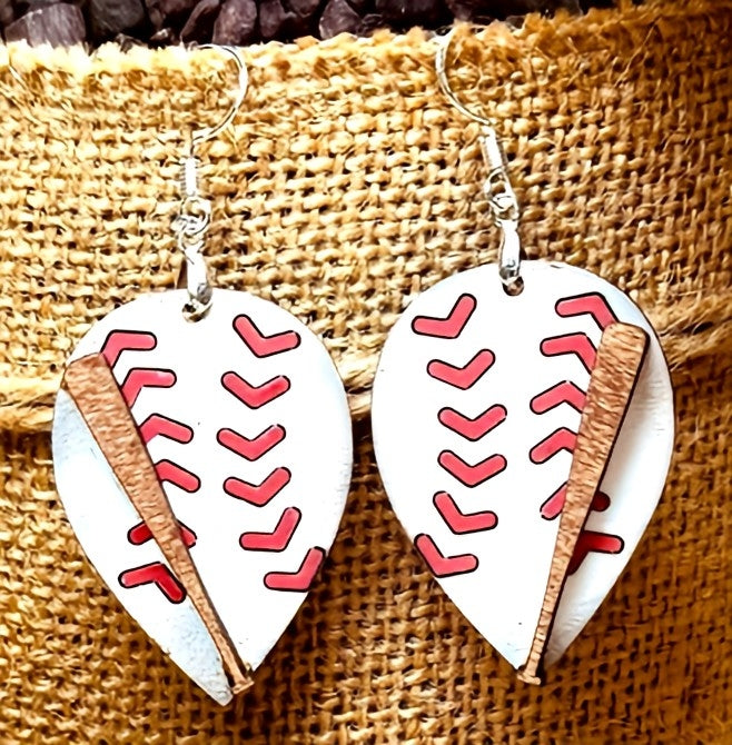 Reverse teardrop baseball and bat earrings