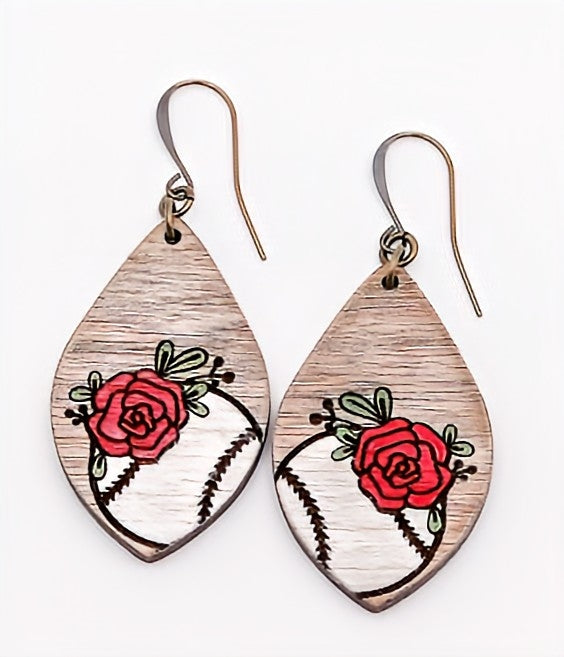 Rose baseball earrings