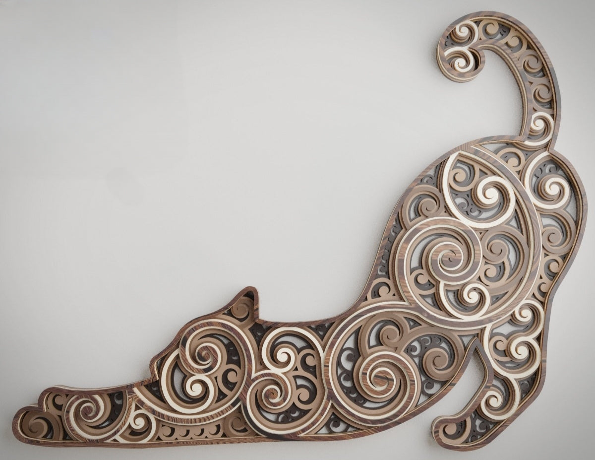Mandala stretching cat wooden layered wall art