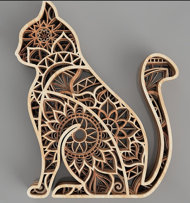 Mandala cat wooden layered wall art