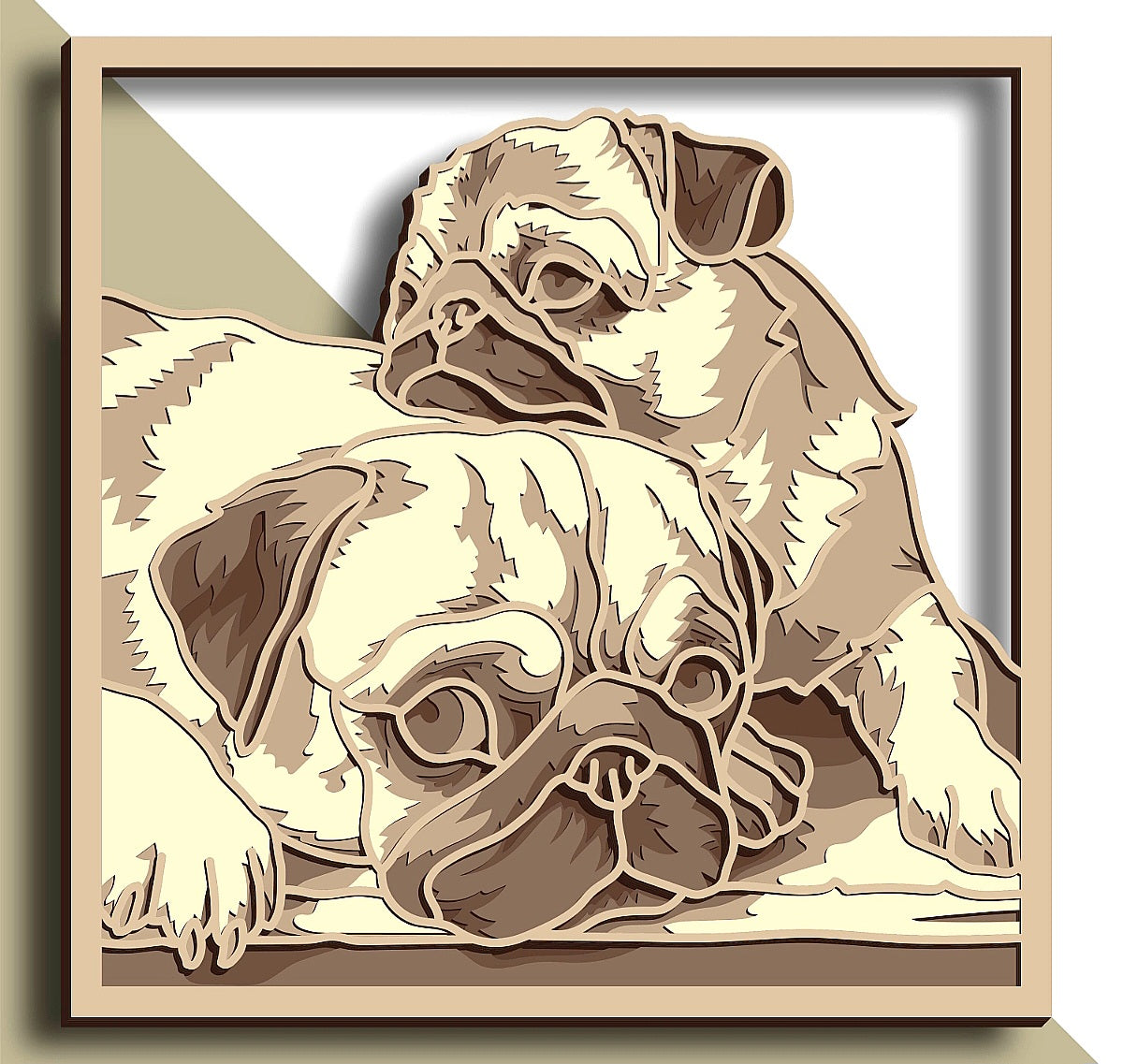 Cuddling pugs wooden layered wall art