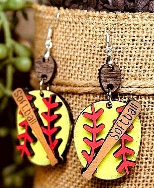 Oval baseball/softball and bat earrings