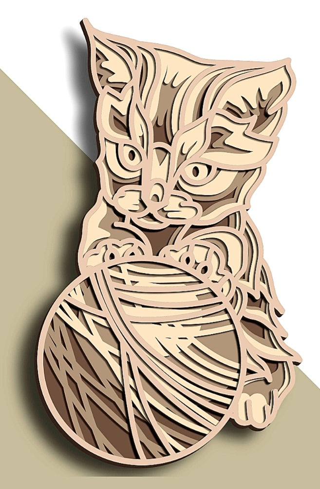 Kitten with yarn wooden layered wall art