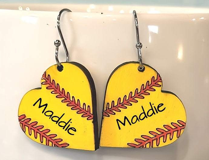 Heart baseball/softball earrings with player name