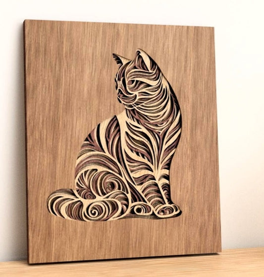 Inlaid cat wooden layered wall art