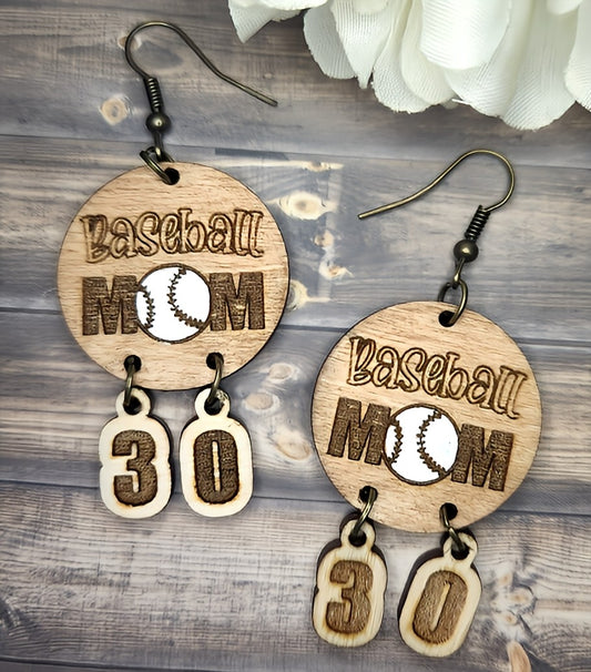 Baseball mom earrings with chandelier player number