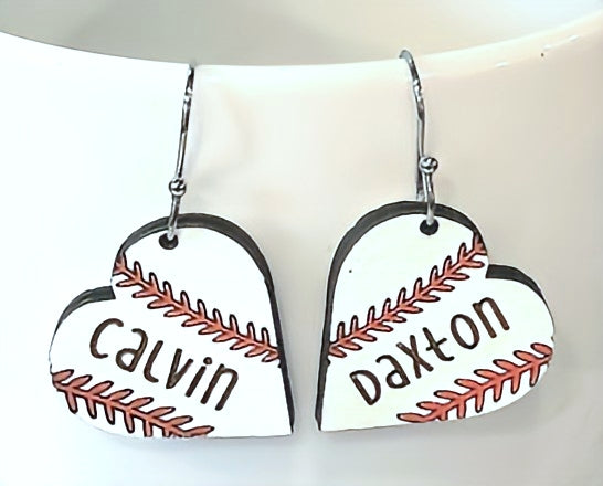 Heart baseball/softball earrings with player name