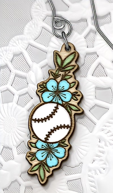 Blue floral baseball earrings