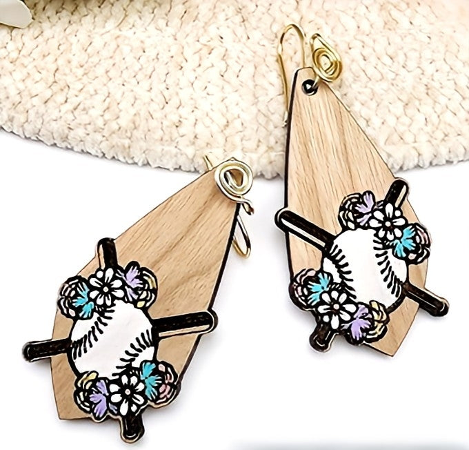 Blue floral baseball earrings