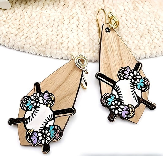 Blue floral baseball earrings