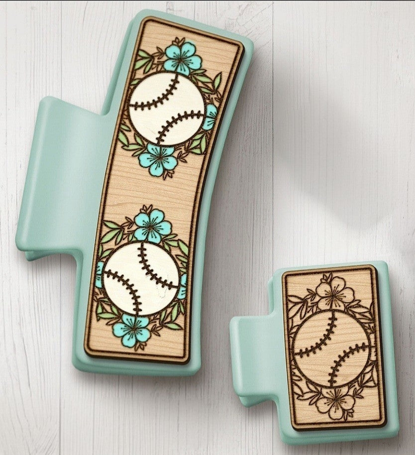 Blue floral baseball claw clips