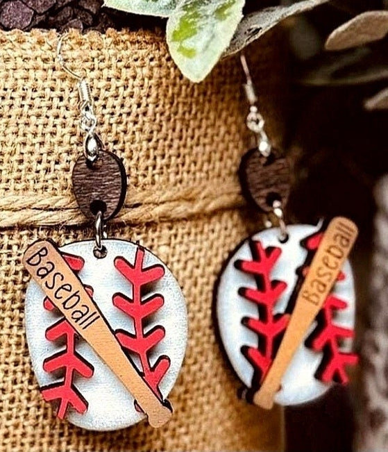 Oval baseball/softball and bat earrings