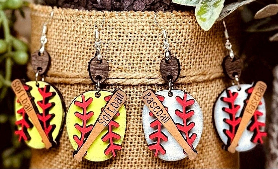 Oval baseball/softball and bat earrings